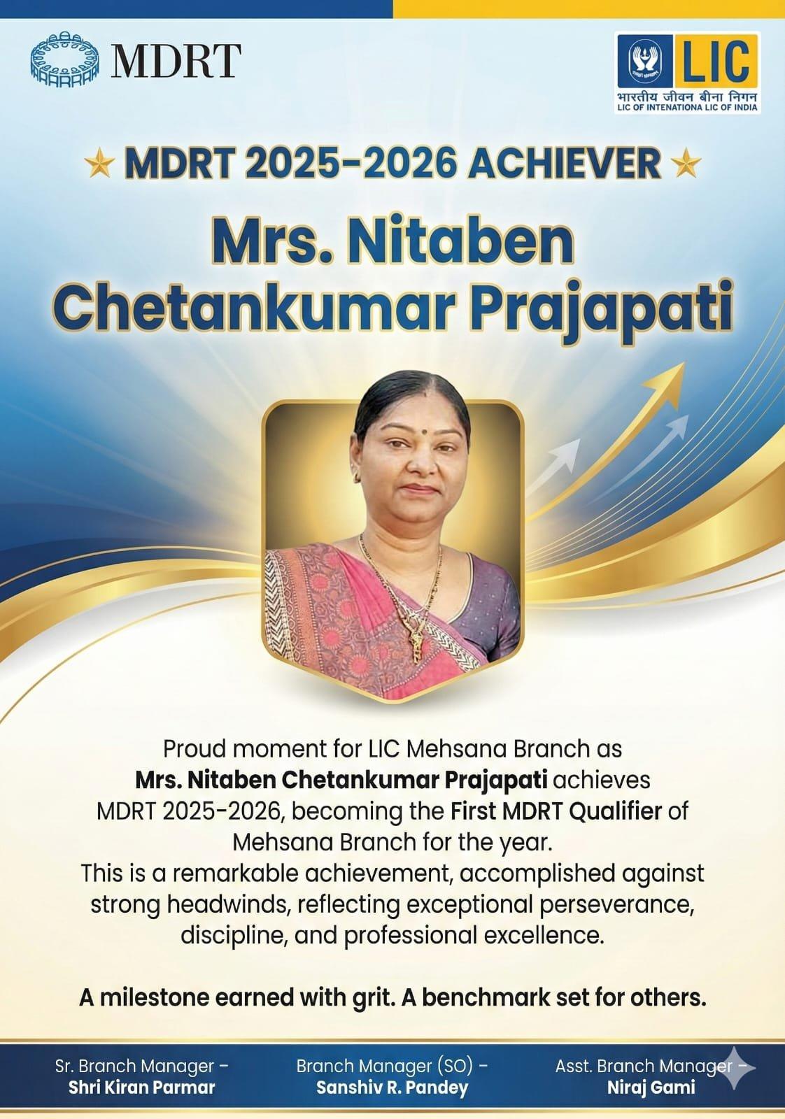 MDRT 2025-26 Achiever – Mrs. Nitaben Prajapati